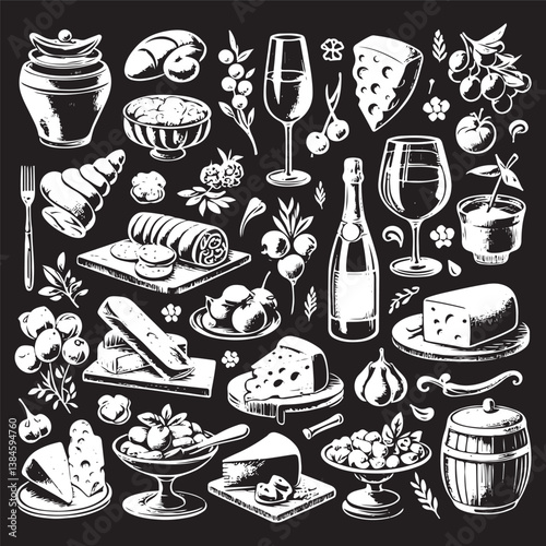 chalk food illustrations, wedding dinner icons, wine or champagne glass, cheese, and charcuterie drawings for wedding invitations, cafe menus, and parties.
