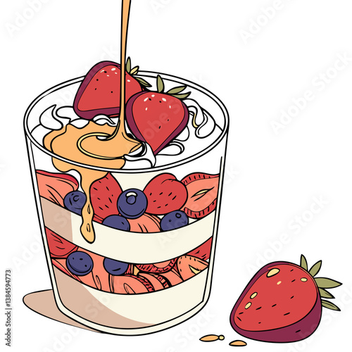 Fruit Parfait with Strawberries, Blueberries, and Honey Drizzle on White Background. Perfect for: Breakfast Events, Mother’s Day, Summer Brunch