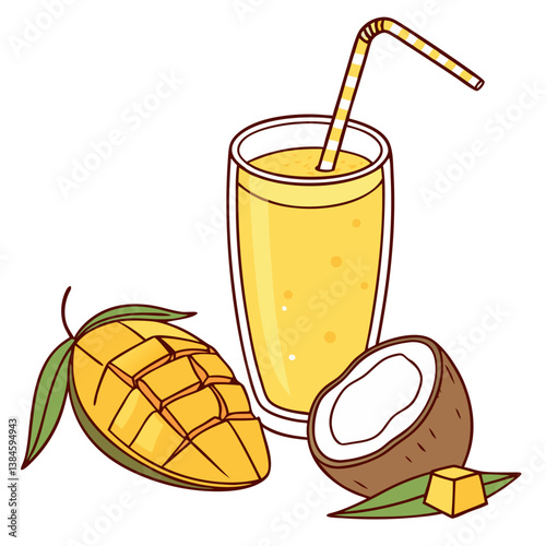 Mango and Coconut Smoothie with Golden Color on Transparent Background. Perfect for: Summer Smoothie Bars, Wellness Retreats