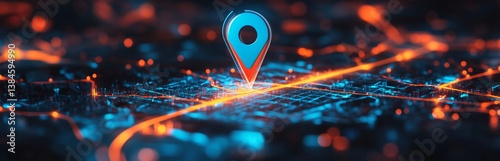 Digital map highlights glowing location pin. Tech map shows navigation route. Modern tech design. City center pinpoints destination. Route plan on digital map