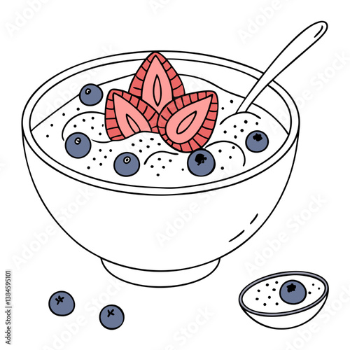 Vector Chia Pudding with Coconut Milk and Berries on White Background. Perfect for: Summer, Vegan Desserts, Healthy Lifestyle