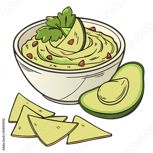 Vector Guacamole Bowl with Tortilla Chips on White Background. Perfect for: Cinco de Mayo, Summer Parties, Mexican Cuisine
