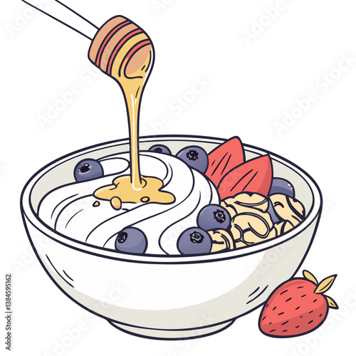 Vector Greek Yogurt with Honey, Walnuts, and Fresh Fruit on White Background. Perfect for: Breakfast Events, Health Retreats
