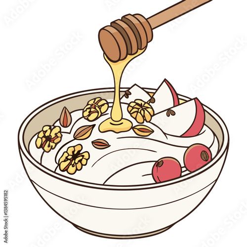 Vector Greek Yogurt with Honey, Walnuts, and Fresh Fruit on White Background. Perfect for: Breakfast Events, Health Retreats