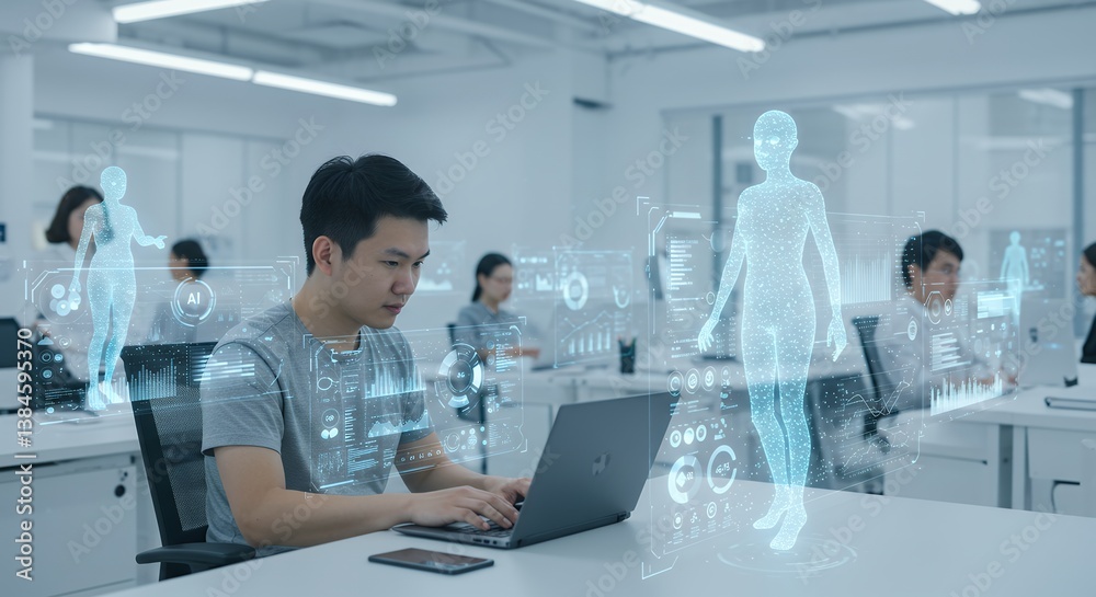 Modern Tech Office Man Working on Futuristic Hologram Interface Analyzing Data Digital Transformation Modern Tech Office Man Working on Futuristic Hologram Interface Analyzing Data Digital Transformation