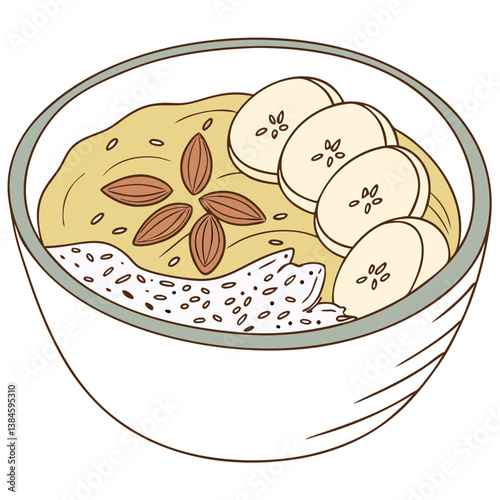Vector Oatmeal Bowl with Chia, Almond Butter, and Banana on White Background. Perfect for: Fall Mornings, Fitness Challenges, Breakfast Ideas