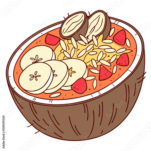 Vector Coconut Smoothie Bowl with Granola, Banana, and Coconut Flakes on White Background. Perfect for: Summer Retreats, Vegan Breakfasts, Beach Cafes