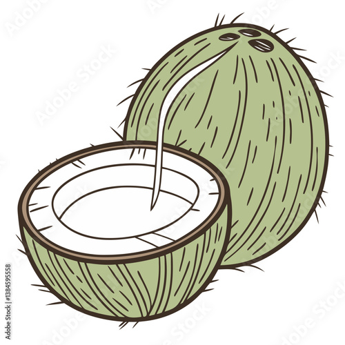 Fresh Coconut with Water Vector on White Background. Perfect for: Tropical Retreats, Summer Hydration Campaigns, Wellness Days