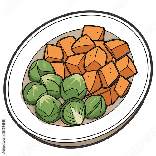 Roasted Sweet Potatoes and Brussels Sprouts Vector. Perfect for: Autumn Menus, Vegan Meals, Healthy Roasting Tips