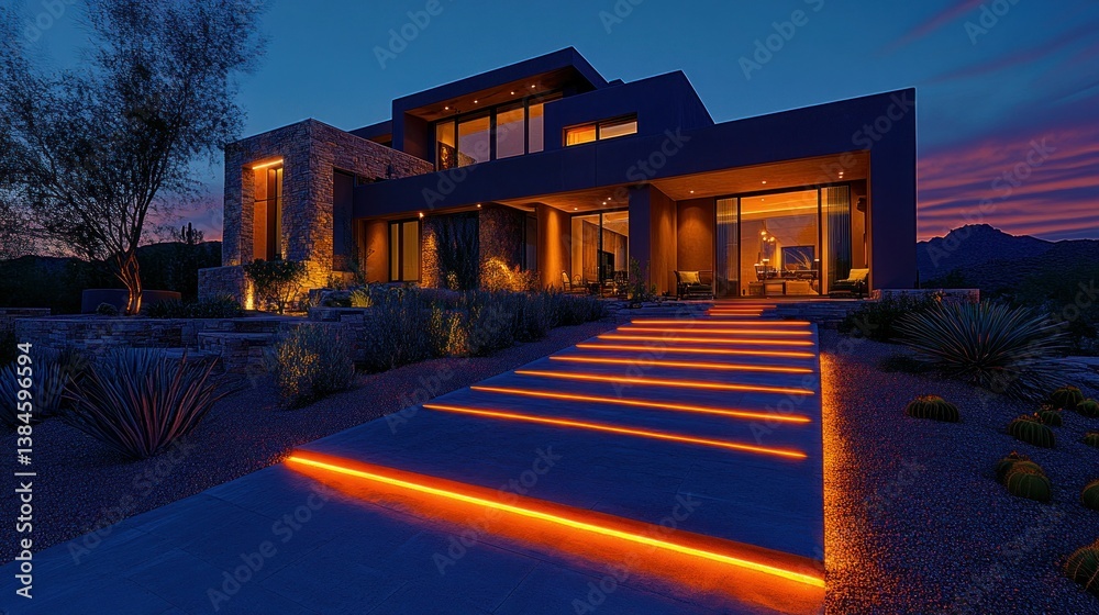 Obraz premium Modern desert home at dusk, illuminated pathways