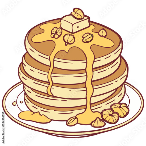 Whole Grain Pancakes with Honey and Walnuts Vector. Perfect for: Healthy Brunch Campaigns, Pancake Day, Whole Grain Awareness