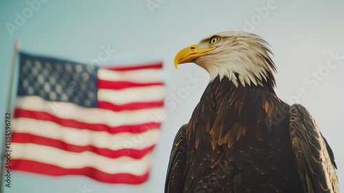 The Flag of the United States of American blowing in the wind in the background of a blue skyscape with a beautiful american bald eagle on a bright sunny day