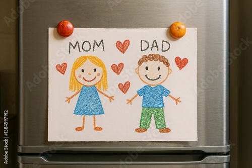 Children's Drawing of Mom and Dad with Love Hearts  