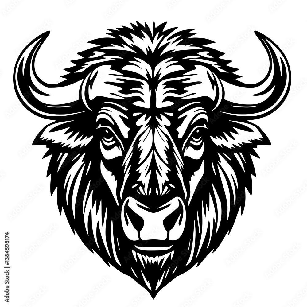Obraz premium Yak Head Vector Illustration Black and White, Detailed Line Art