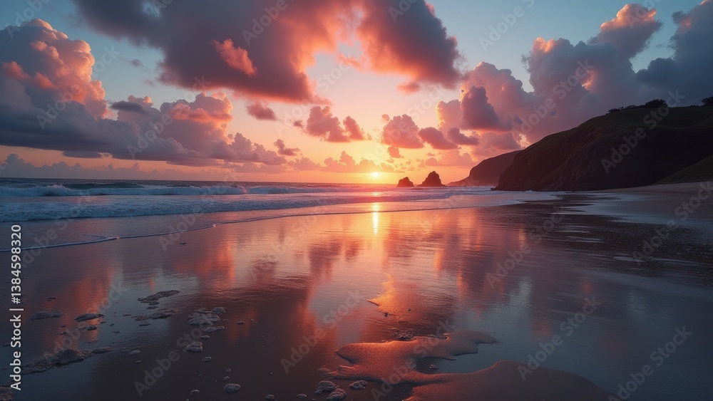 Fototapeta premium Empty beach at sunset with colorful clouds reflecting on wet sand and gentle ocean waves