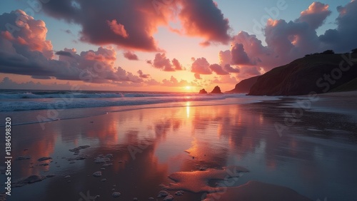 Empty beach at sunset with colorful clouds reflecting on wet sand and gentle ocean waves	