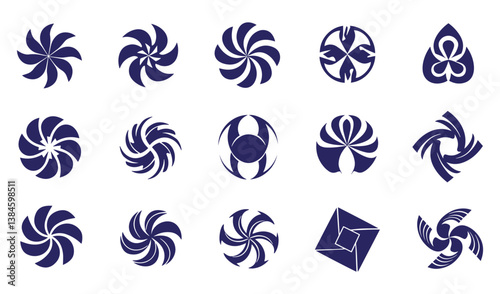 Business symbol icon abstract geomatic Shape spiral motion texture whirl flow decorative flower outline vintage retro logo set leaf fire water bird wing company element
