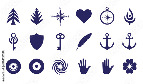 Abstract Geomatic Shape botanical element symbol icon logo set vector bundle circle leaf fire water bird wing spiral motion texture whirl energy decorative flower outline
