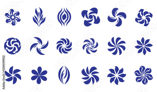 Modern pattern circle leaf fire water bird wing spiral motion texture whirl energy flower decorative botanical outline abstract geomatic symbol business timeless logo set
