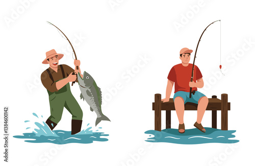 Weekend fishing activity with smiling man showing off his impressive fish catch wearing bright yellow fishing coat

