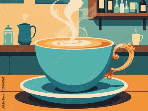 retro vintage satire style ,turquoise blue cup of latte cappucino, from side