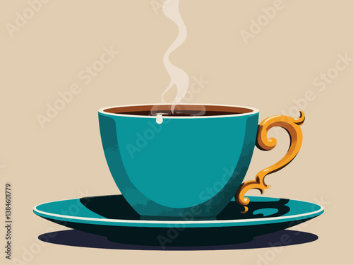 retro vintage satire style ,turquoise blue cup of latte cappucino, from side