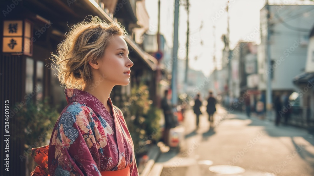 Fototapeta premium 伝統衣装を纏った外国人女性が日本の住宅街を歩く街角スナップ 和装観光 高画質リアル写真素材 日常と非日常が交錯する旅の風景