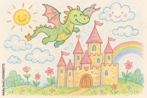 Colorful dragon flying above a fairytale castle with flowers  