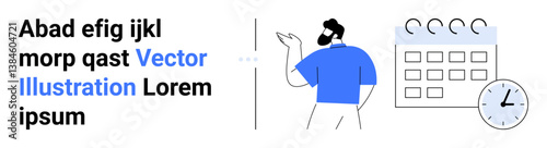 Man gesturing near wall calendar and clock, signifying time management and planning. Ideal for scheduling, organization, time tracking, business planning, productivity tips, meetings, simple landing