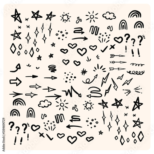 Hand drawn set elements with doodle style drawing