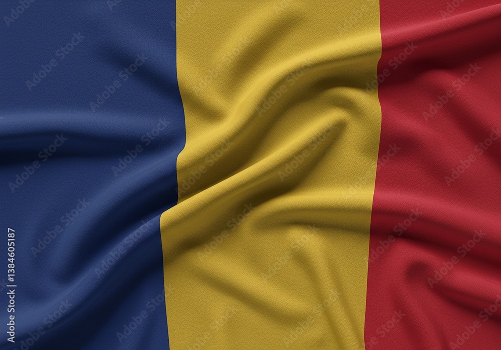 Fototapeta premium Romanian Flag Illustration Close-up of Waving Tricolour with Blue, Yellow, Red Stripes, Background, Texture, Silk.
