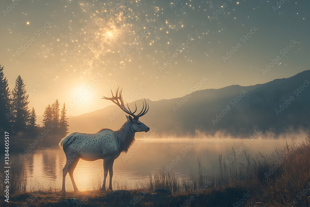 Obraz premium A Majestic Elk Standing Beside a Misty Lake Under the Stars