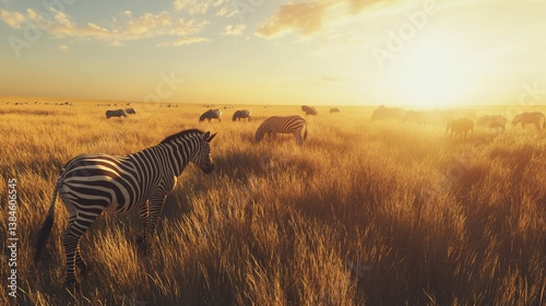 Golden hour Zebras grazing in savanna landscape with warm sunlight effect