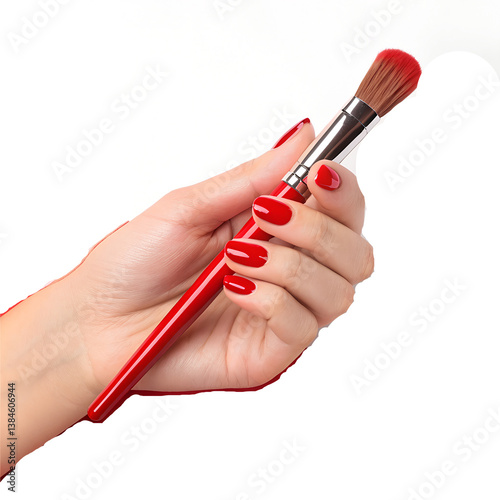 woman hand with makeup brush and red nail polish