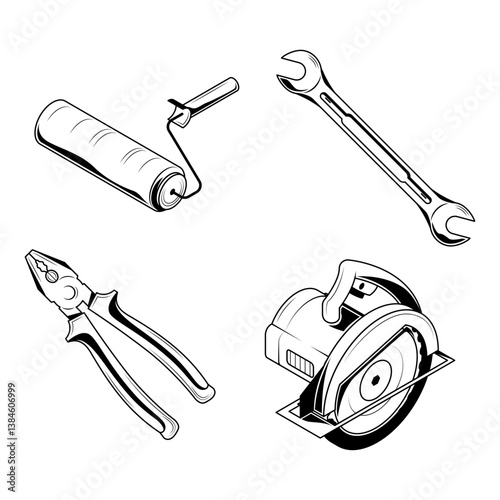 Set Abstract Collection Black Simple Line Work Building Engineering Tools Instrument Mechanical Doodle Outline Element Vector Design Style Sketch Isolated On White Background Illustration