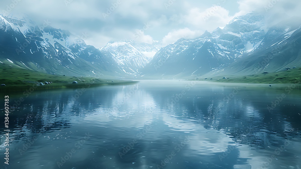 Serene Mountain Lake Reflection Breathtaking View of a Calm Lake Surrounded by Majestic Snow Capped Mountains Serene Mountain Lake Reflection Breathtaking View of a Calm Lake Surrounded by Majestic Snow Capped Mountains