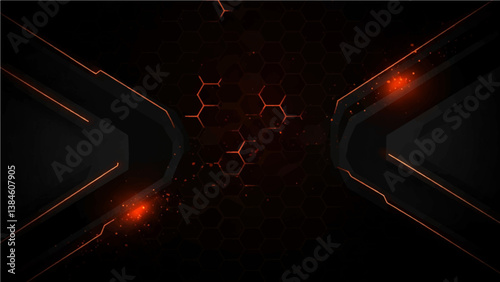 Dark hexagon gaming abstract vector background with yellow and orange colored bright flashes. Vector illustration with honeycomb texture grid

