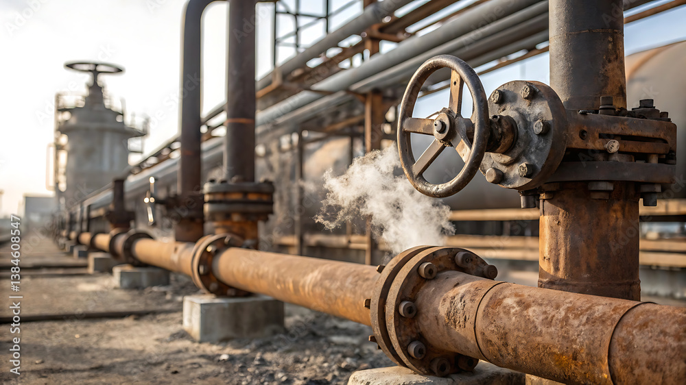 Close-Up of Rusted Oil Refinery Pipes and Valves
