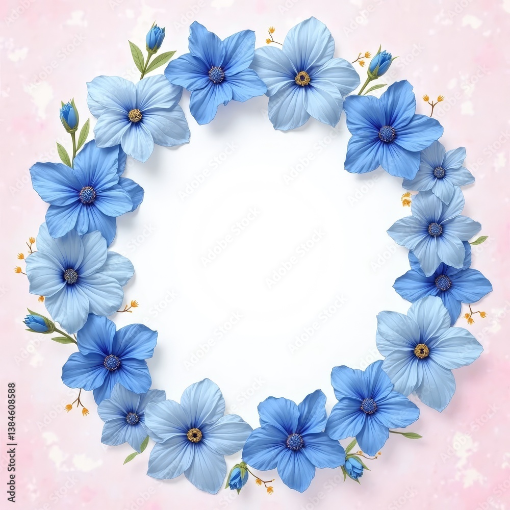 Floral Frame of Elegance: A captivating circular frame, meticulously crafted with an array of delicate blue blossoms and verdant leaves, offering an aesthetic of springtime elegance Floral Frame of Elegance: A captivating circular frame, meticulously crafted with an array of delicate blue blossoms and verdant leaves, offering an aesthetic of springtime elegance