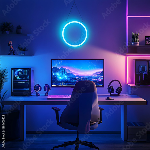 Картината върху платно A futuristic gaming setup bathed in vibrant neon glows, featuring a sleek computer, comfortable gaming chair, and a captivating circular light, creating an immersive and electrifying atmosphere