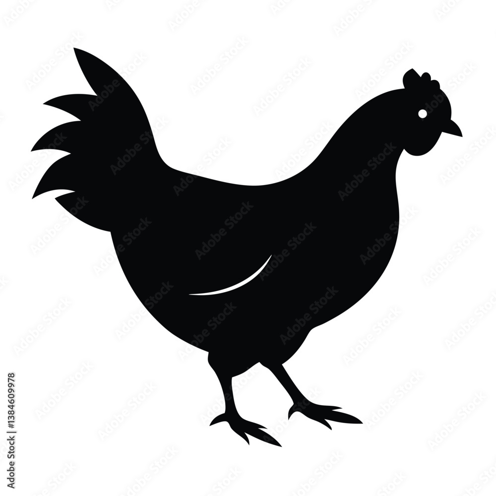 Fototapeta premium Black Chicken Silhouette Vector Illustration Isolated On White Background Simple Farm Animal.