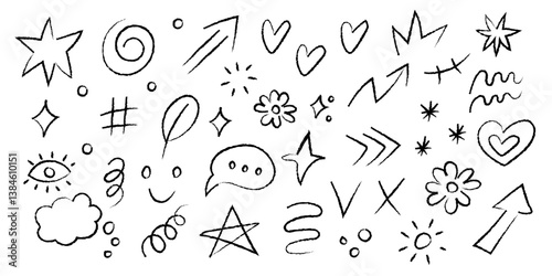 Hand drawn chalk doodle collection showcasing various fun shapes and symbols on a white background