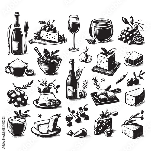 chalk food illustrations, wedding dinner icons, wine or champagne glass, cheese, and charcuterie drawings for wedding invitations, cafe menus, and parties.