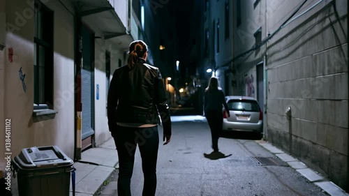 Man following a woman through a city alley at night giving a sense of danger