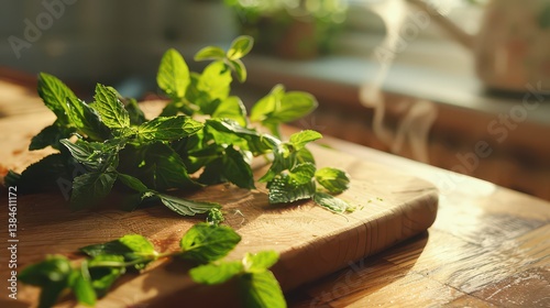 Freshly harvested green mint leaves on a wooden cutting board, with sunlight highlighting their freshness 