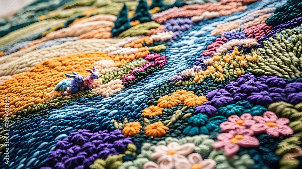 Obraz premium A colorful textile showing rabbits in a whimsical landscape scene