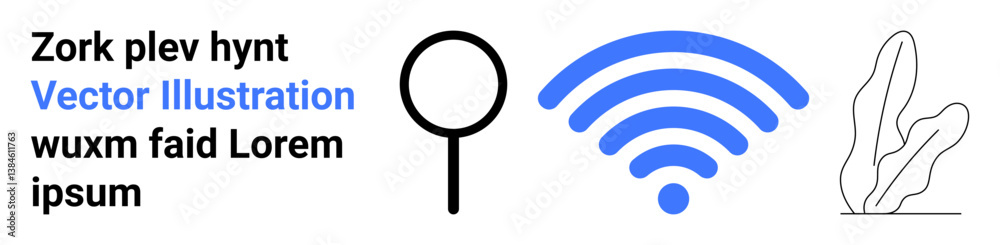 Magnifying glass, wireless icon, abstract plant. Ideal for technology, connectivity, search, environment, sustainability, digital innovation simple landing page Magnifying glass, wireless icon, abstract plant. Ideal for technology, connectivity, search, environment, sustainability, digital innovation simple landing page