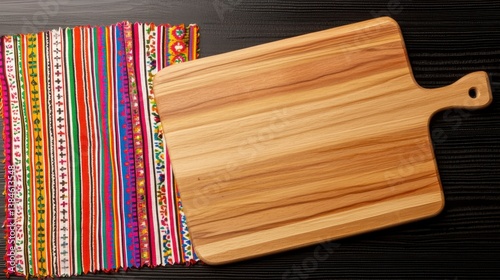 Wooden Cutting Board on Colorful Woven Fabric