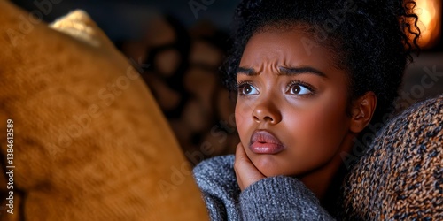 Worried Woman Watching Movie At Home