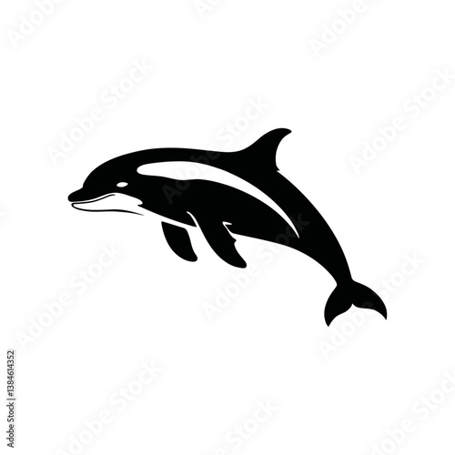 A black and white vector silhouette of a killer whale leaping out of the water with a smooth arc on a white background